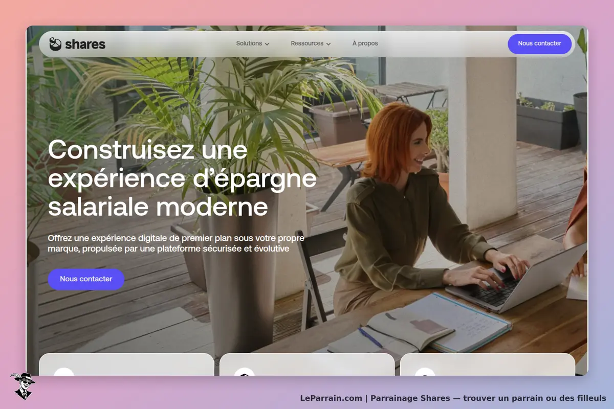 Shares : page d'accueil avec une femme utilisant un ordinateur portable dans un espace de travail