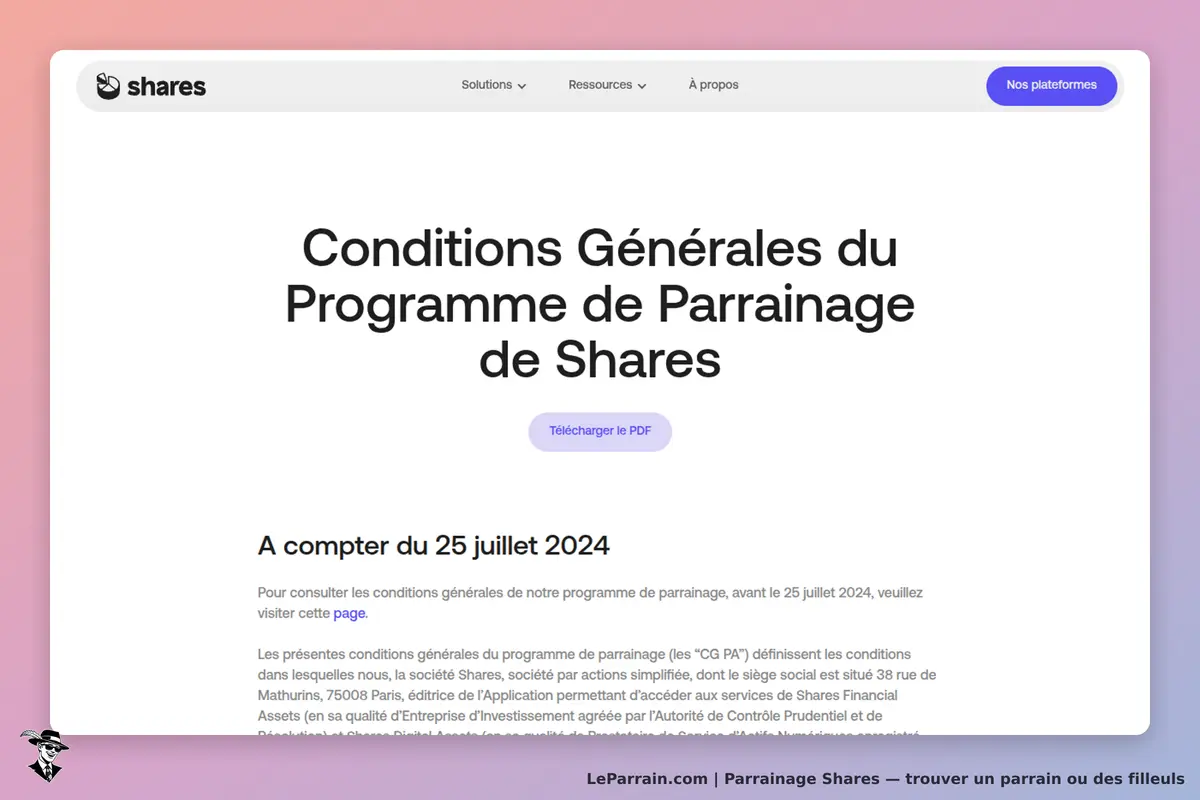 shares : conditions générales du programme de parrainage avec un bouton pour télécharger un PDF