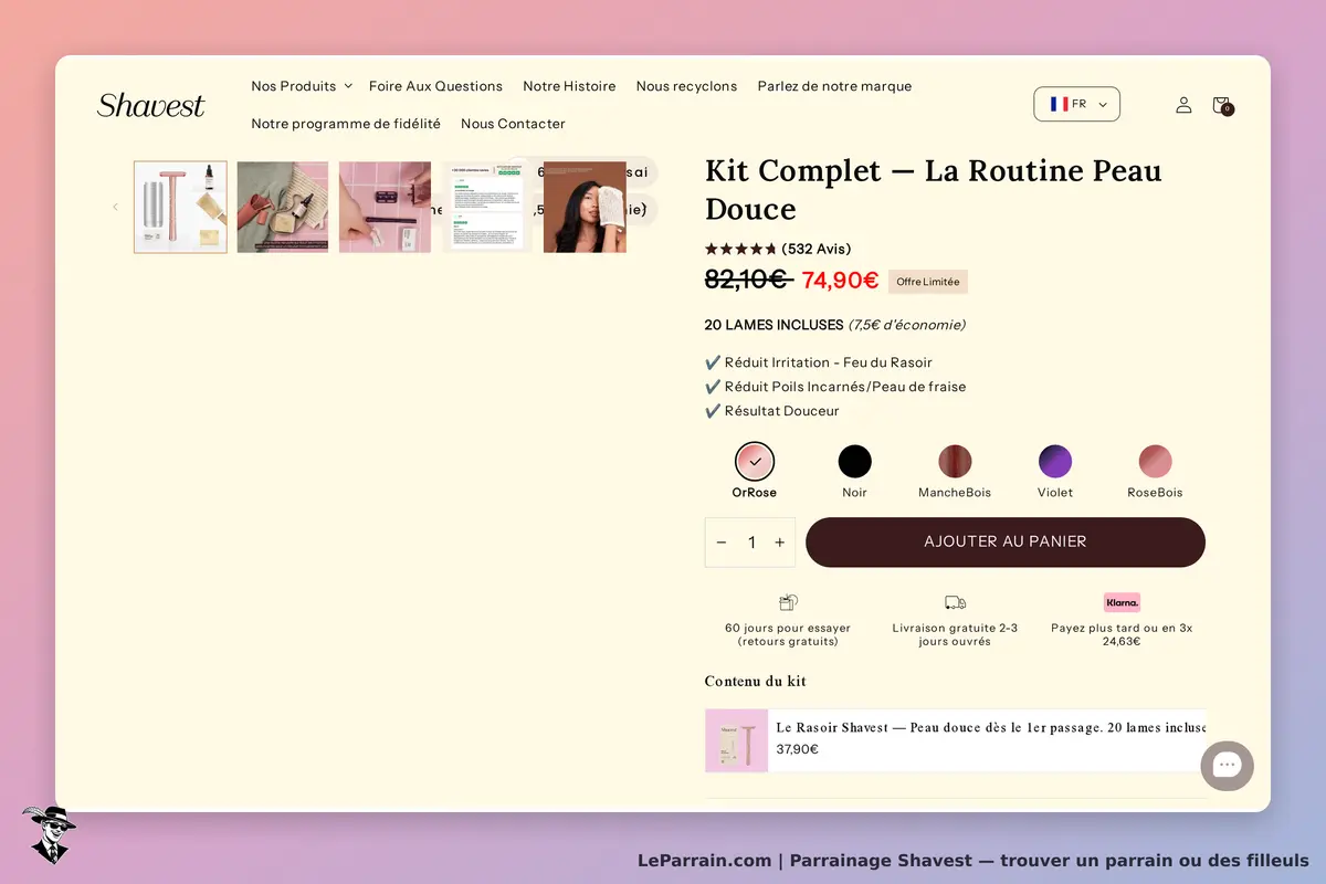 Shavest : page produit affichant un kit complet pour une routine peau douce avec options de couleur