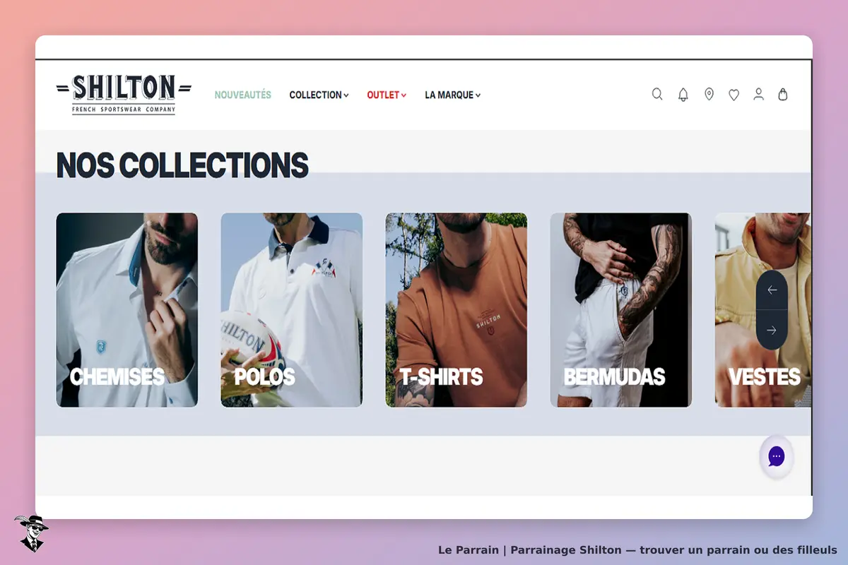 Shilton : page d'accueil présentant les collections de chemises, polos, t-shirts, bermudas et