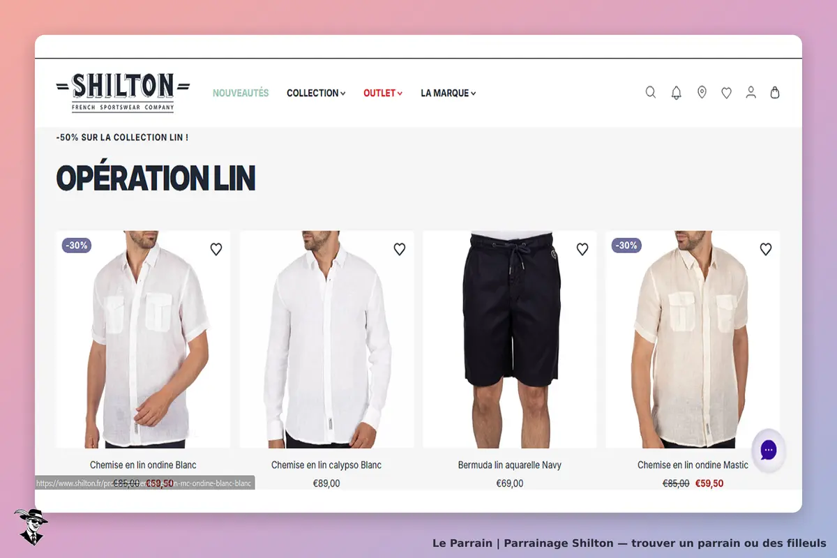 Shilton : page d'accueil présentant la collection lin avec plusieurs vêtements pour hommes