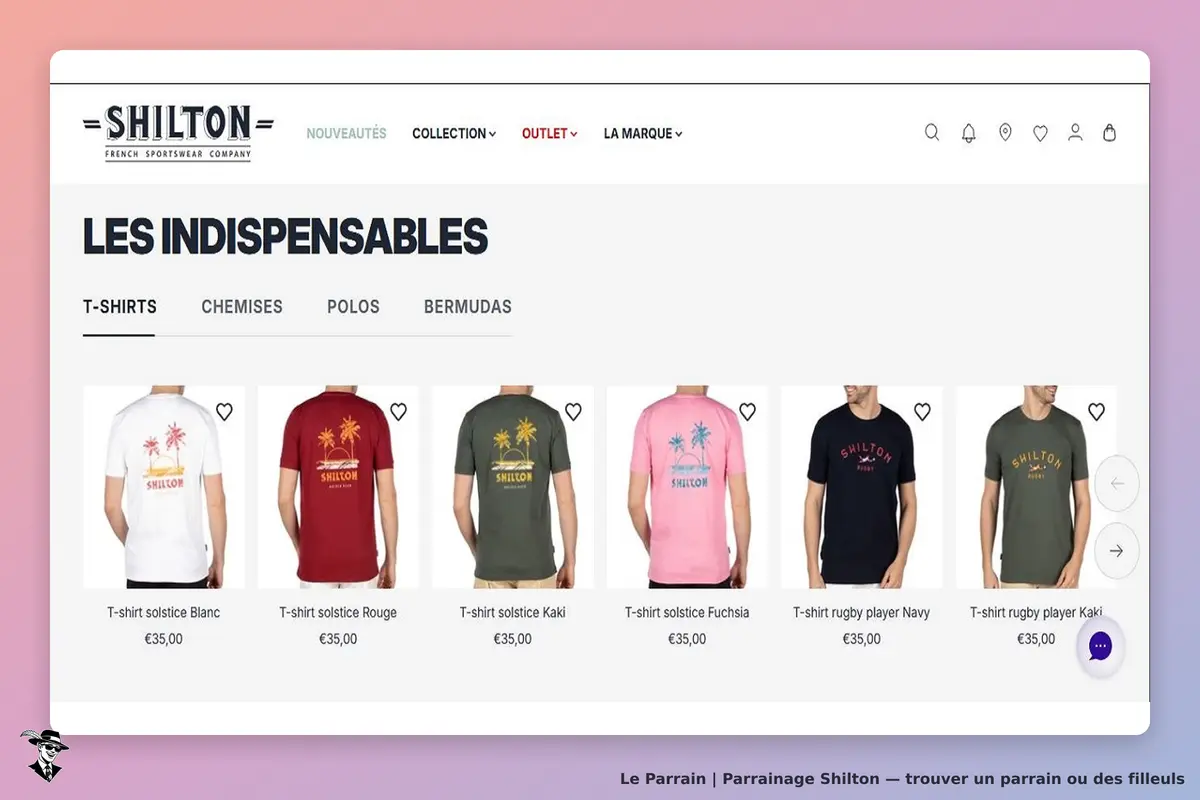 Shilton : page d'accueil présentant divers t-shirts avec des designs et couleurs variés