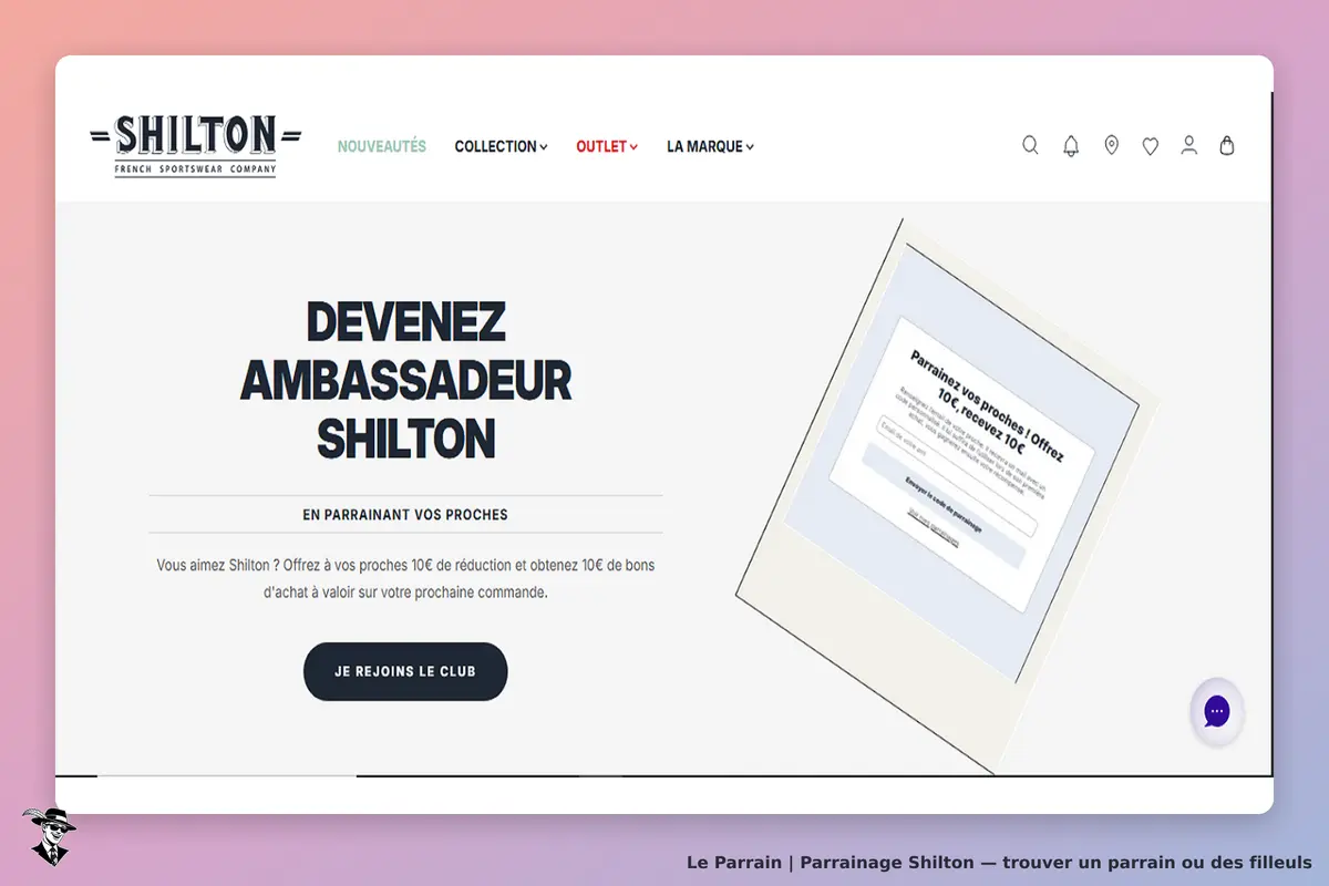 SHILTON : page d'accueil avec l'invitation à devenir ambassadeur et un formulaire de parrainage