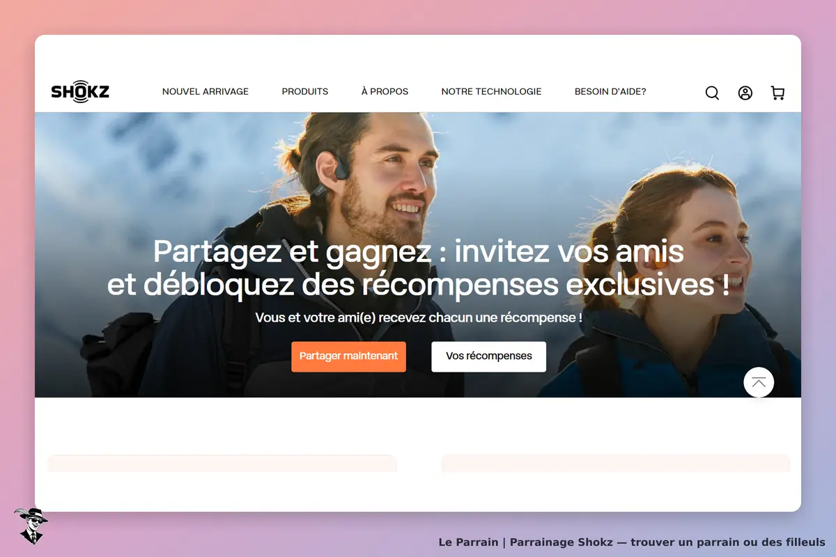 Shokz : page d'accueil avec un message sur le parrainage et des images de personnes souriantes
