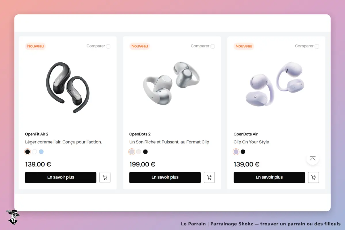Shokz : trois modèles d'écouteurs sans fil présentés sur une page d'accueil colorée