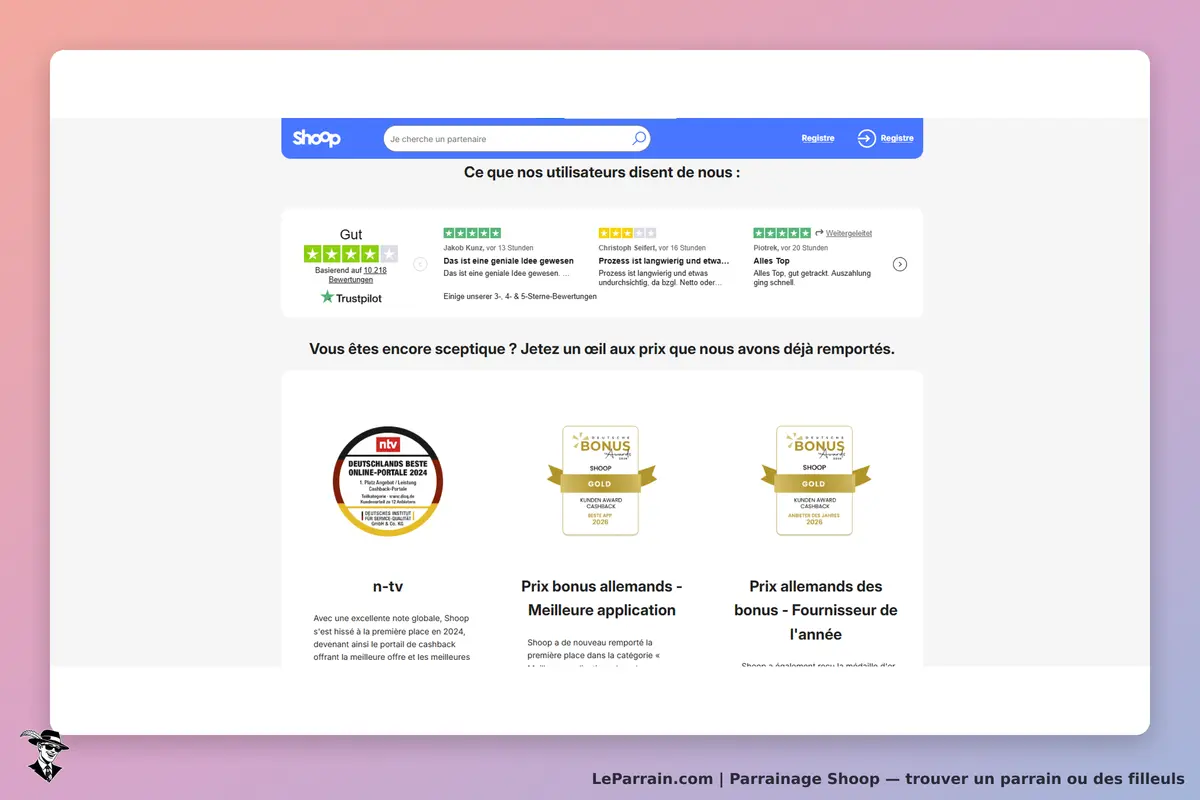 Shoop : avis d'utilisateurs et récompenses sur la page d'accueil du site