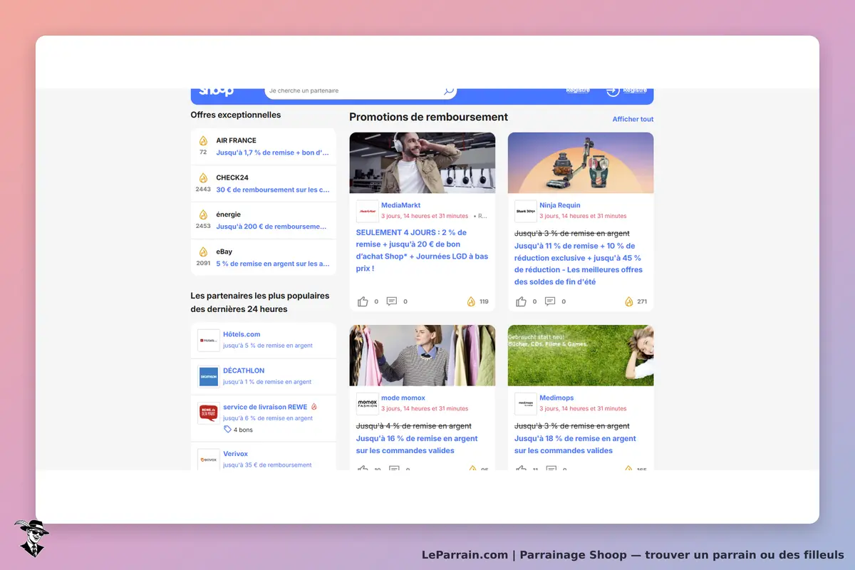 Shoop : page d'accueil avec offres exceptionnelles et promotions de remboursement affichées