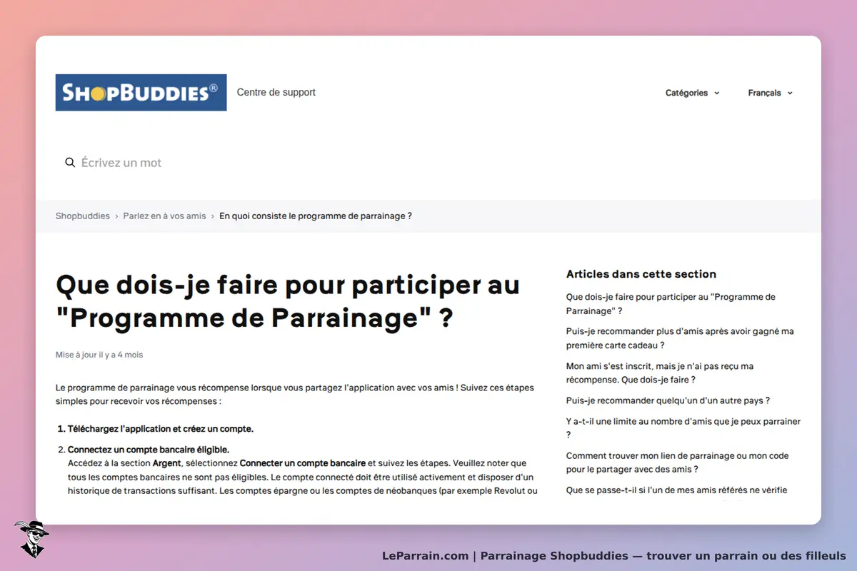 ShopBuddies : page d'aide sur le programme de parrainage avec instructions et articles connexes