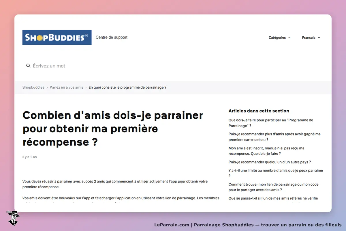 ShopBuddies : centre de support avec une question sur le parrainage et des articles associés