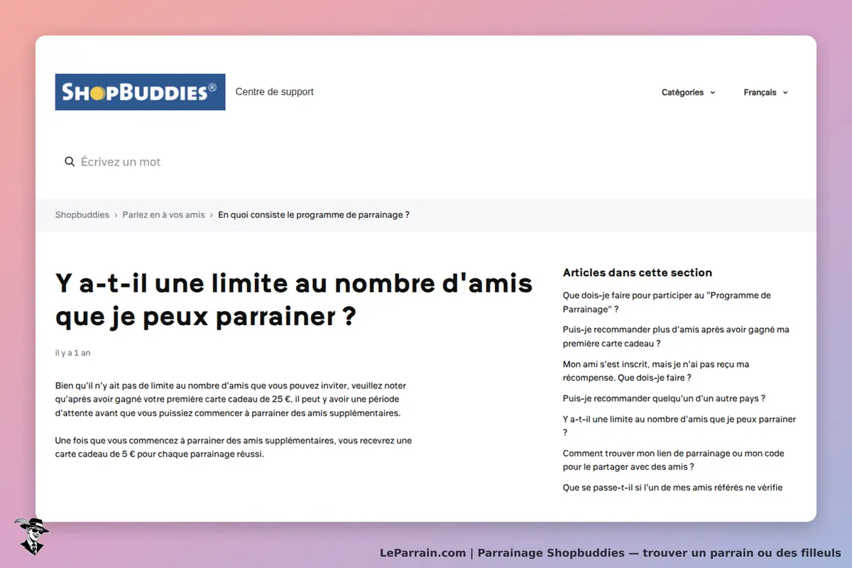 ShopBuddies : page du centre de support avec une question sur le parrainage d'amis