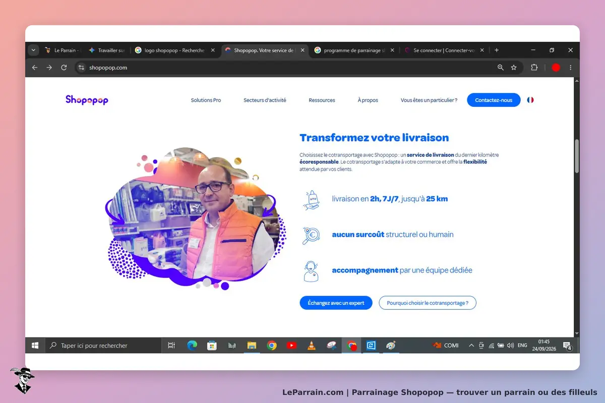 Shopopop : page d'accueil présentant un service de livraison avec un homme en veste orange