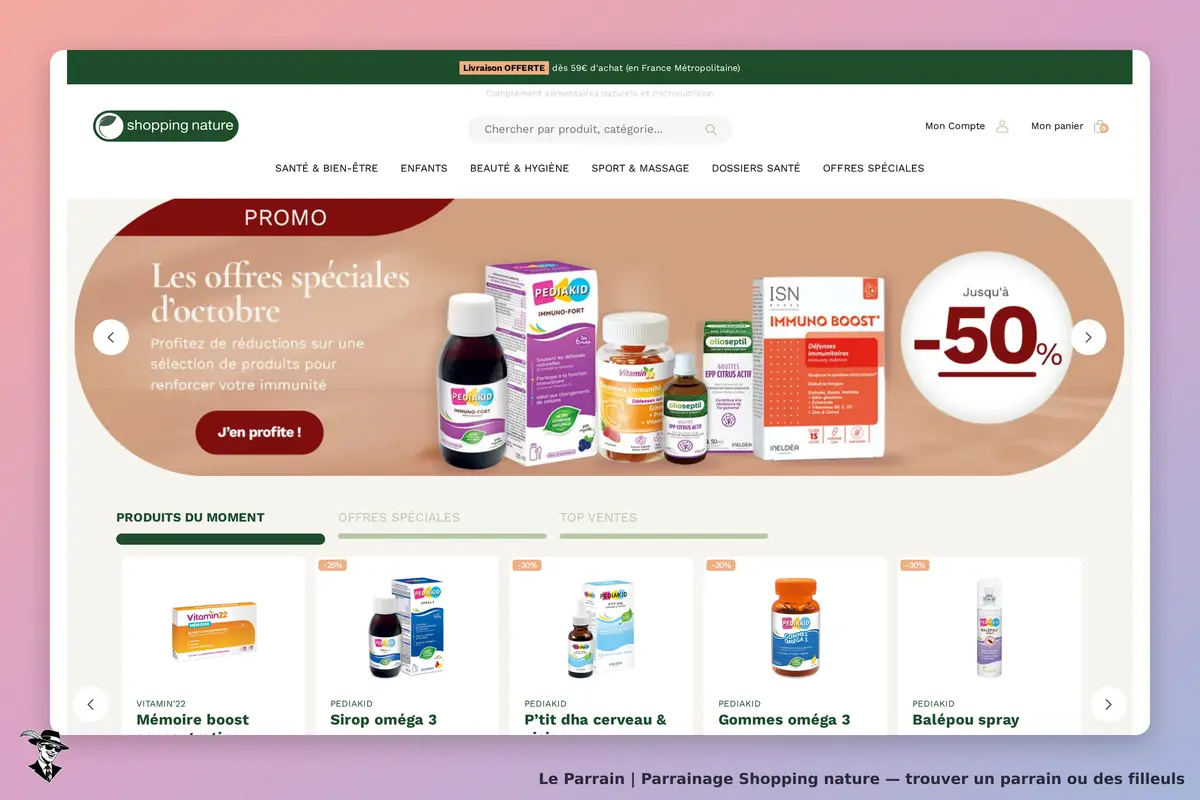 Shopping nature : page d'accueil avec produits en promotion et catégories de santé et bien-être