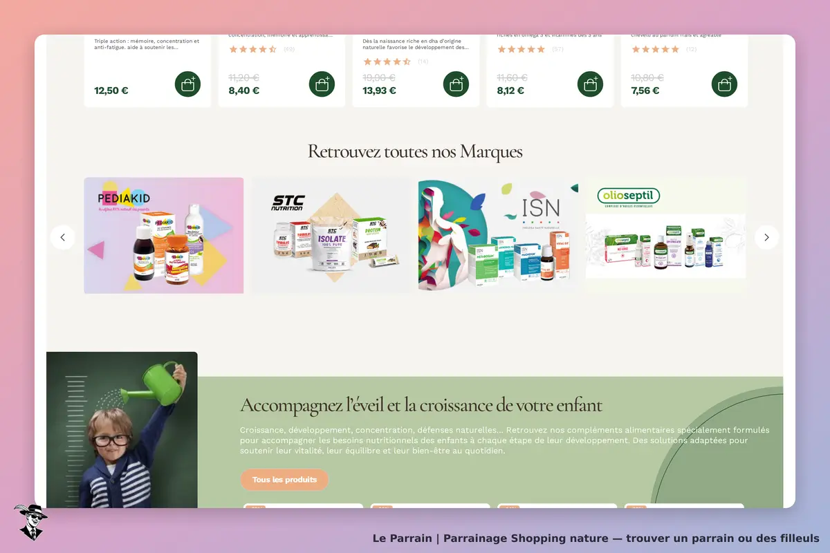Shopping nature : page d'accueil avec produits, marques et message sur la croissance de l'enfant