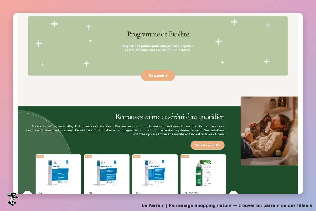 Shopping nature : page d'accueil avec programme de fidélité et produits pour le bien-être quotidien