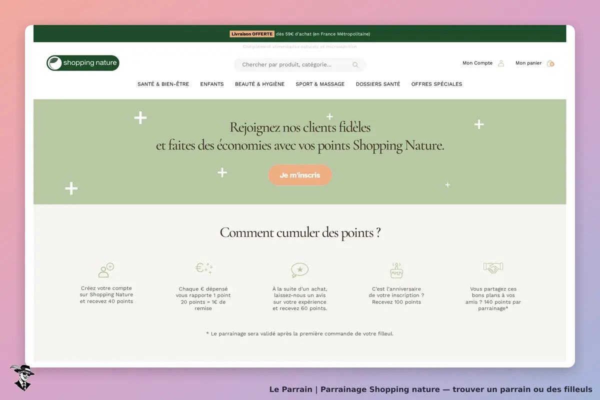Shopping Nature : page d'accueil avec inscription et explication sur le cumul de points