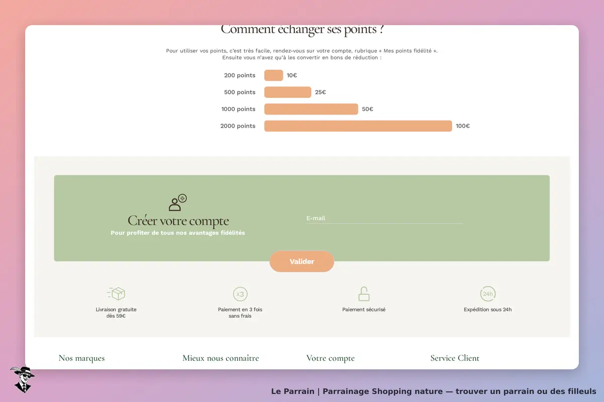 Shopping nature : explication sur l'échange de points et création de compte