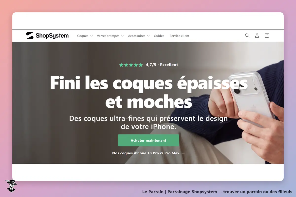 ShopSystem : page d'accueil avec un message sur des coques ultra-fines pour iPhone