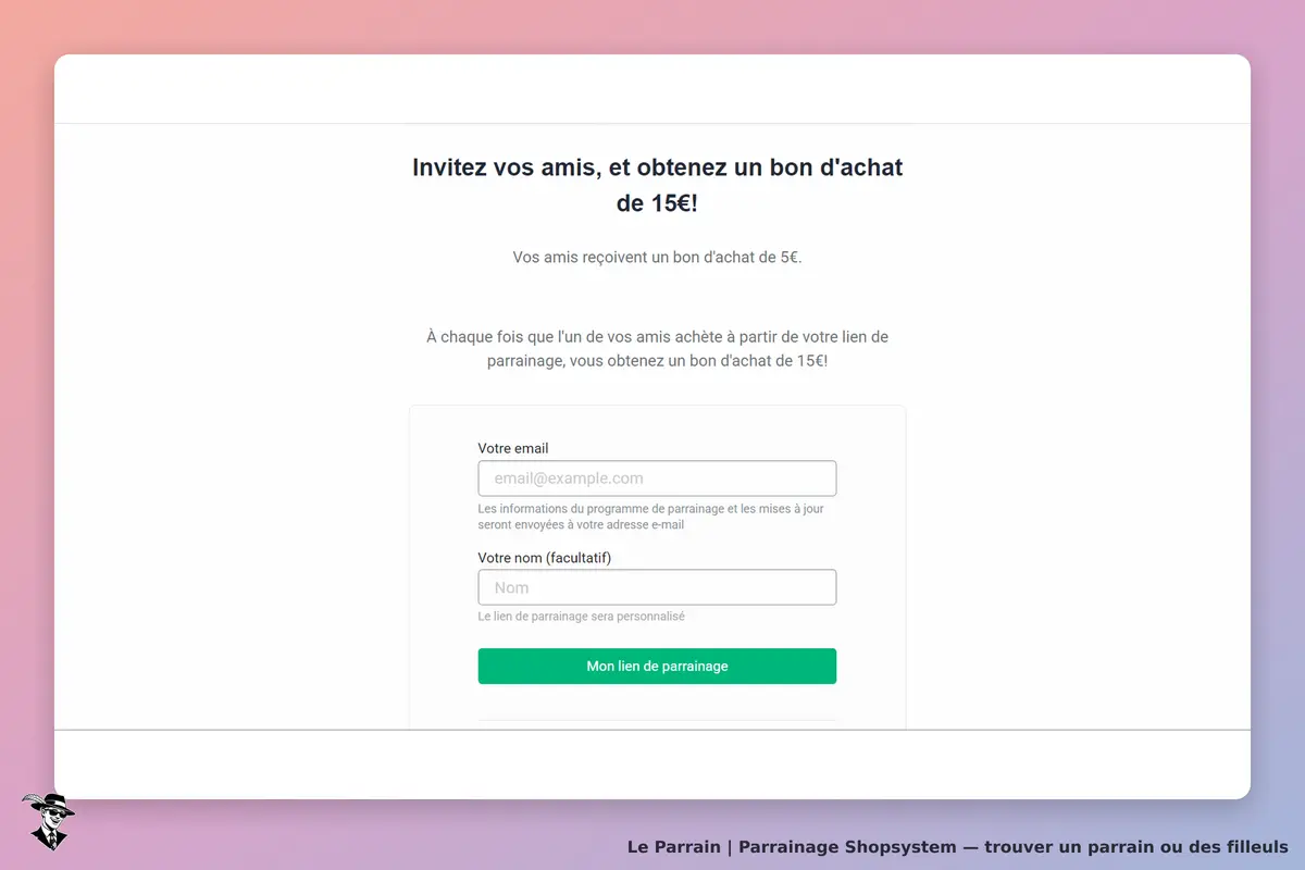 Shopsystem : page d'accueil avec formulaire d'inscription au programme de parrainage