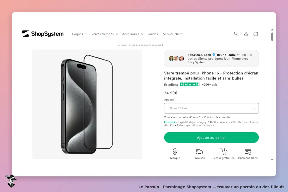ShopSystem : écran affichant un verre trempé pour iPhone 16 avec options de sélection et avis