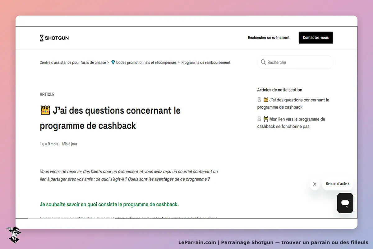Shotgun : article sur les questions concernant le programme de cashback et options d'aide