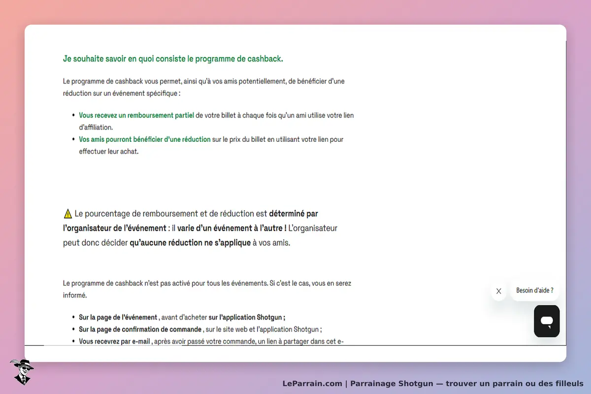 Shotgun : explication du programme de cashback avec des instructions et un avertissement