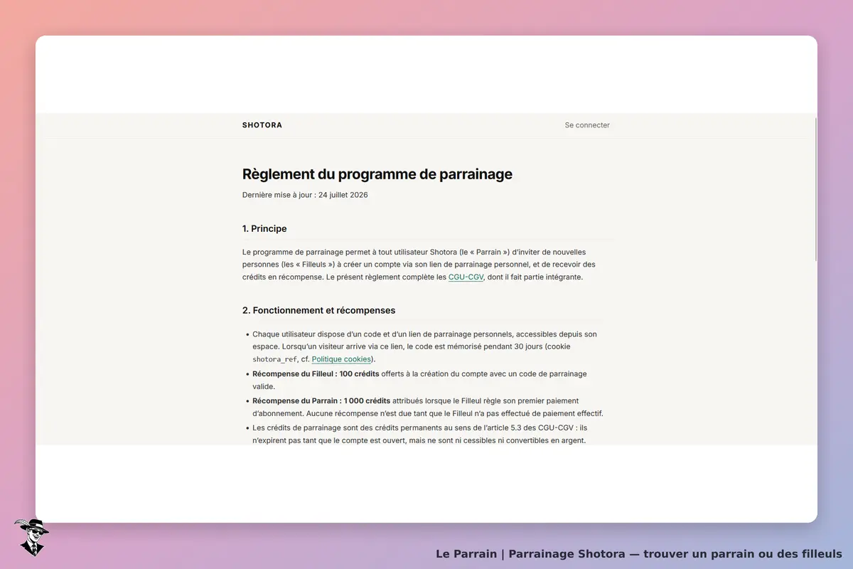 Shotora : règlement du programme de parrainage avec sections sur le principe et les récompenses