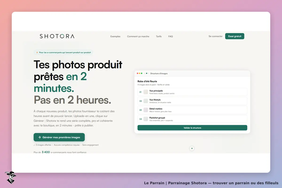 Shotora : page d'accueil présentant un service de création d'images pour produits