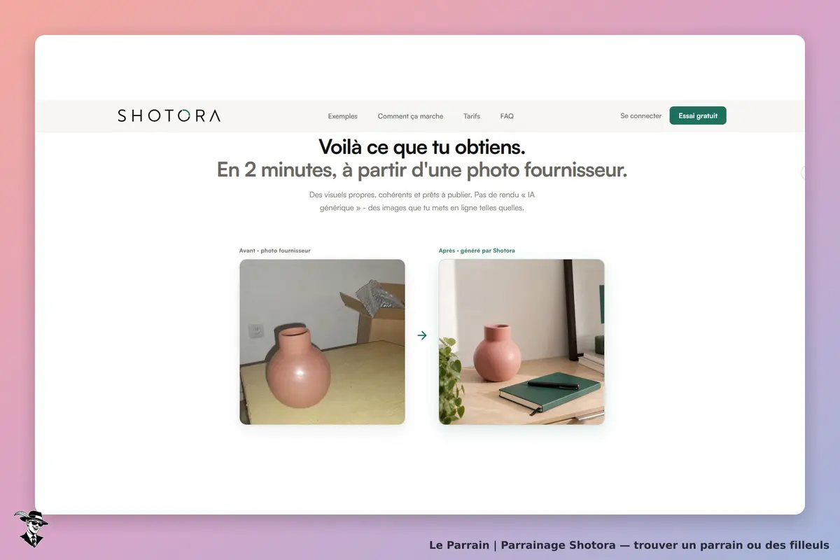Shotora : page d'accueil montrant un vase avant et après traitement, avec un carnet à côté