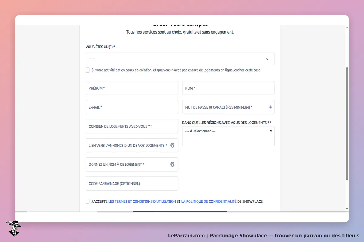 Showplace : formulaire d'inscription avec champs pour prénom, e-mail et informations sur les