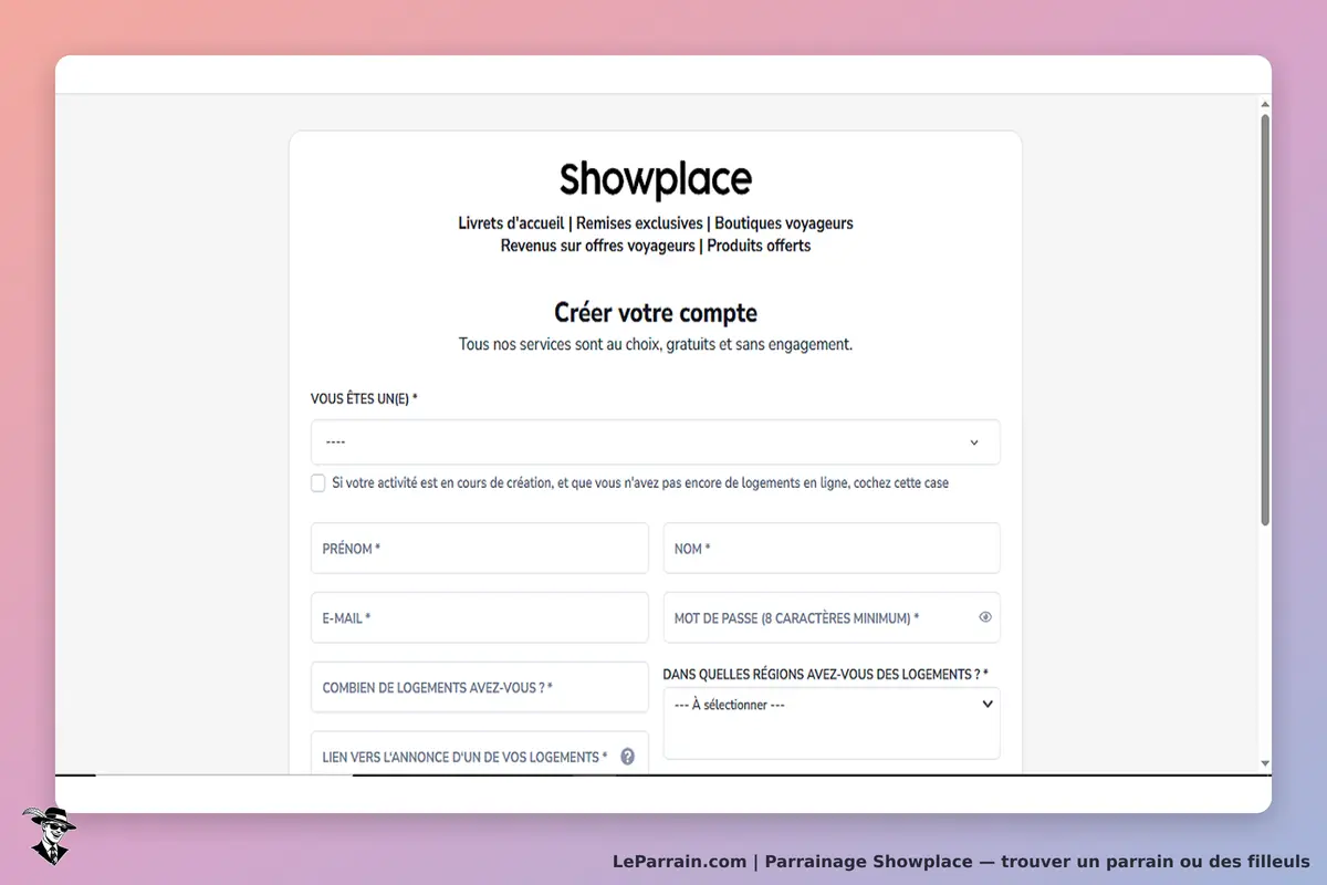 Showplace : formulaire de création de compte avec champs à remplir pour les utilisateurs