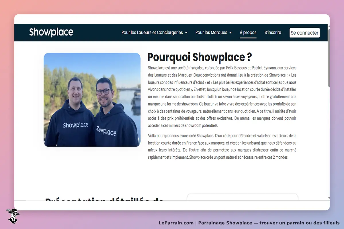 Showplace : page d'accueil présentant deux cofondateurs et une explication de l'entreprise