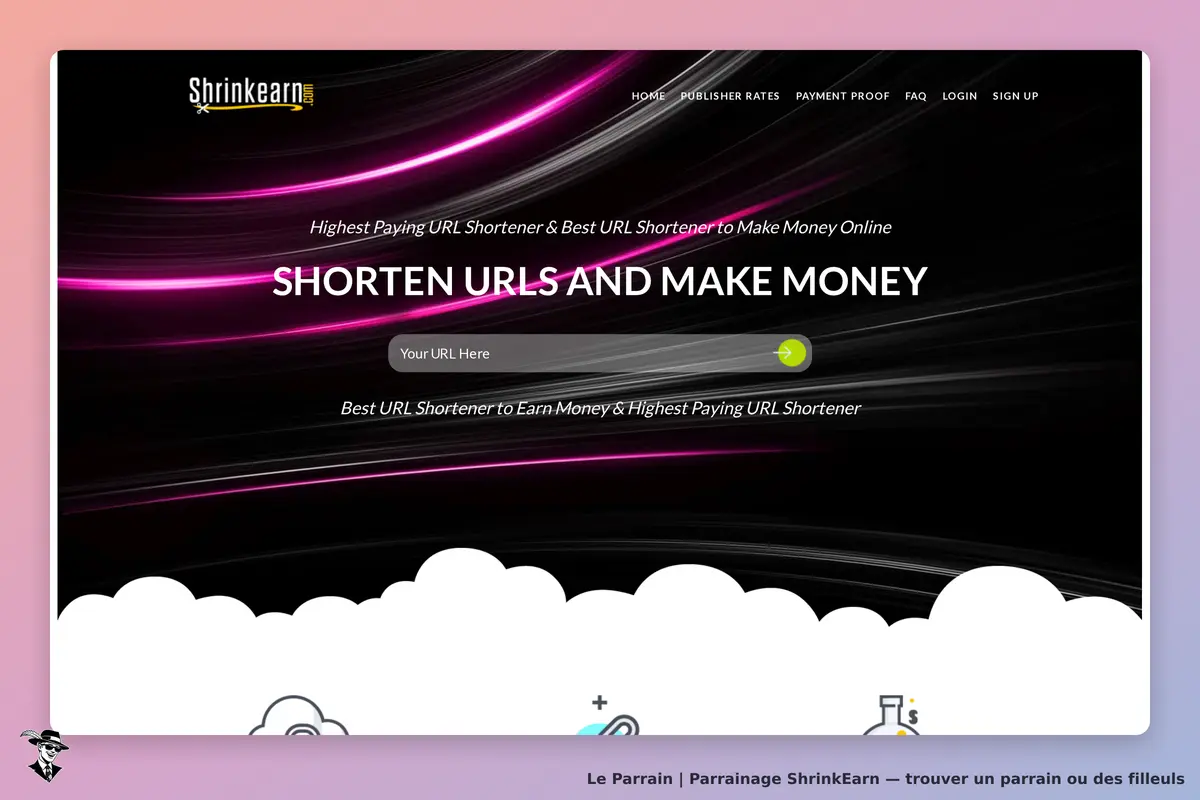 ShrinkEarn : page d'accueil avec un champ pour raccourcir des URL et un fond dynamique