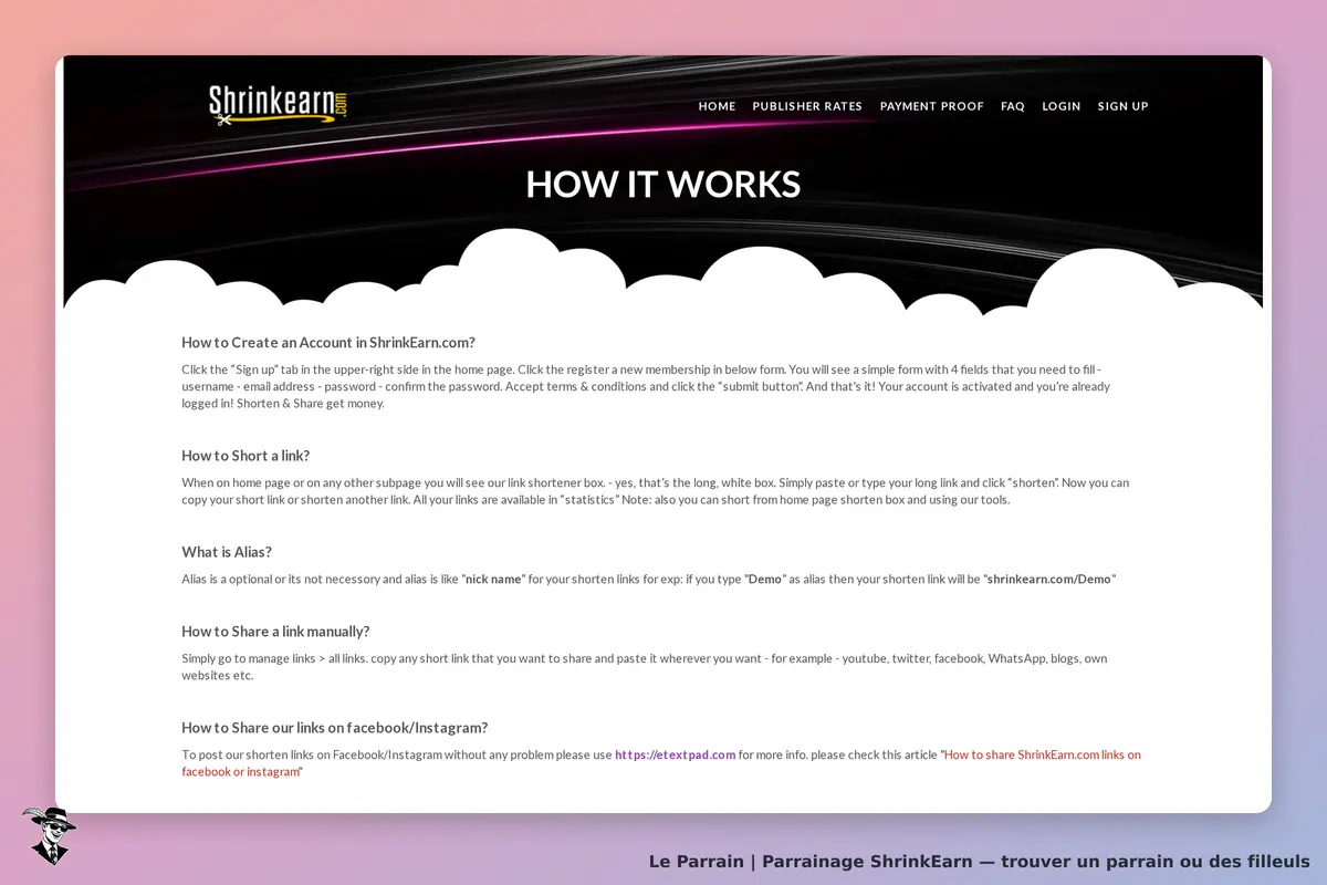 ShrinkEarn : section explicative sur le fonctionnement du site avec des instructions détaillées