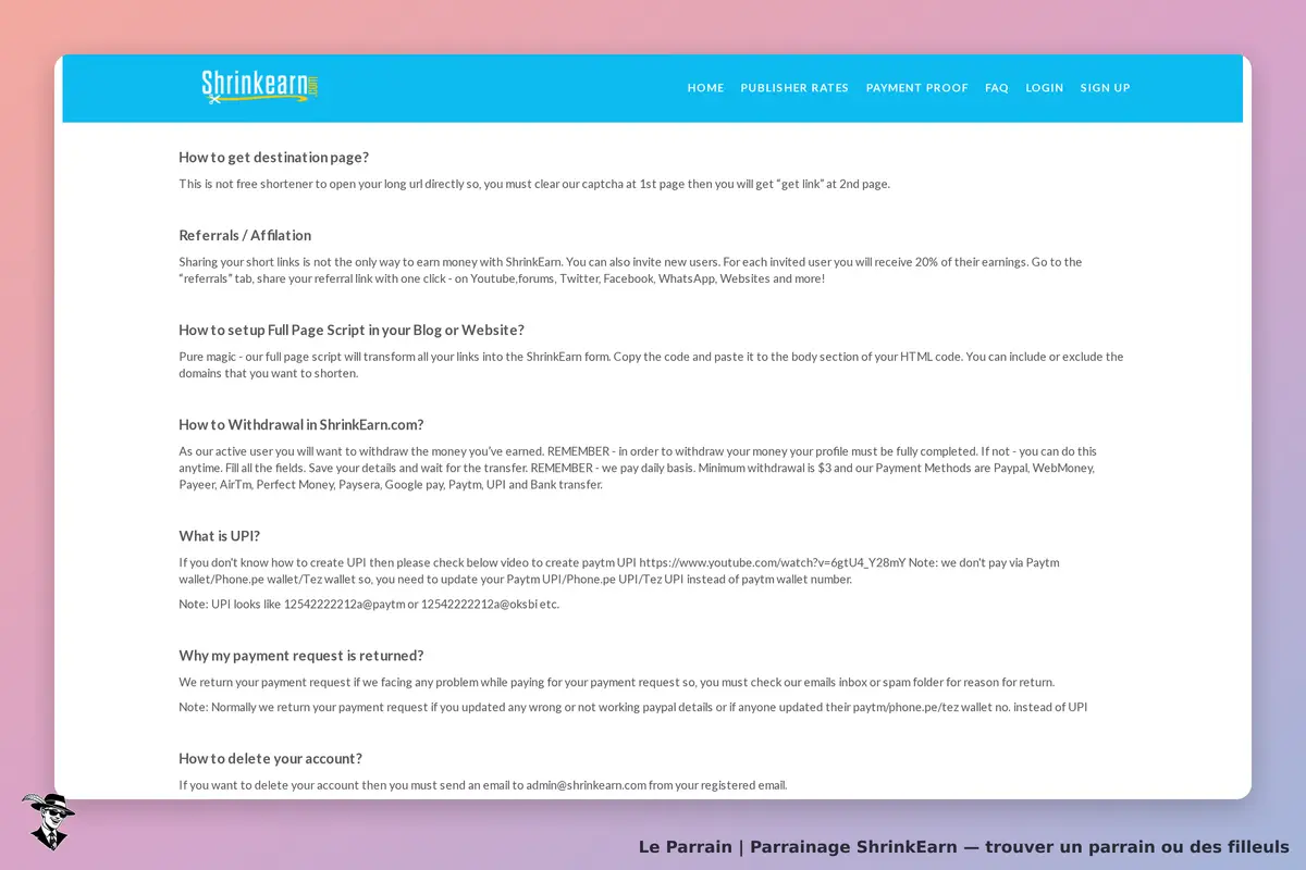 ShrinkEarn : section d'aide avec des questions fréquentes sur le parrainage et les retraits