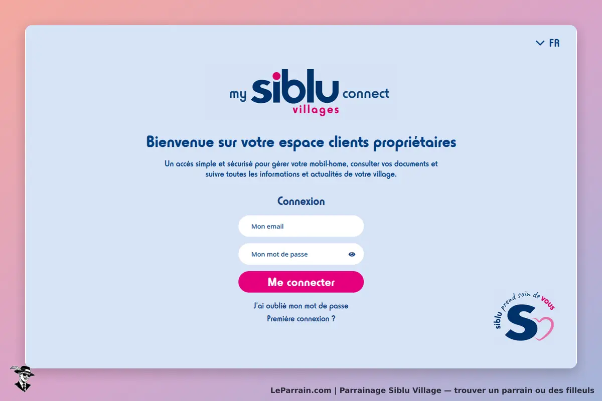 Siblu Village : page de connexion à l'espace clients avec champs email et mot de passe