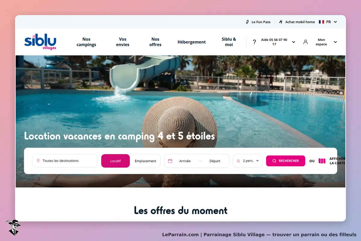 Siblu Village : siblu : page d'accueil avec piscine, chaises longues et formulaire de recherche de