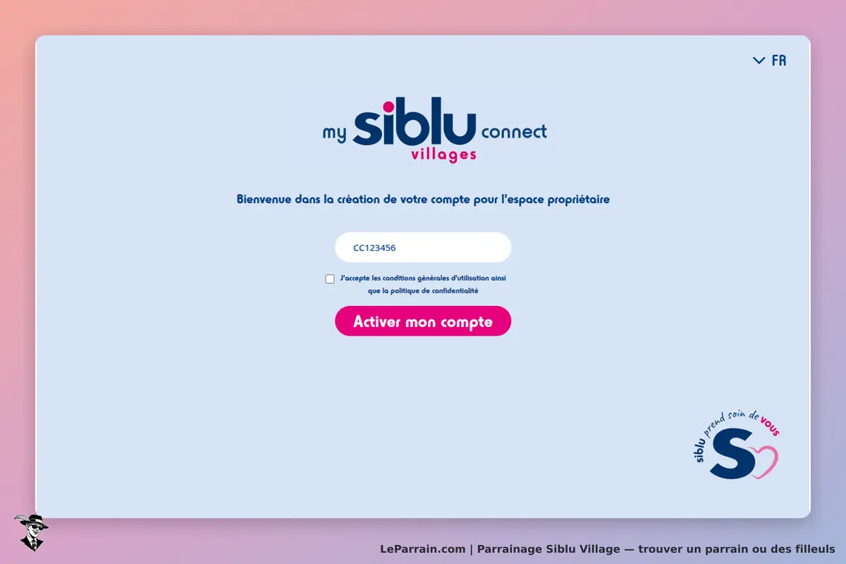 Siblu Village : siblu : écran de création de compte pour l'espace propriétaire avec un champ pour