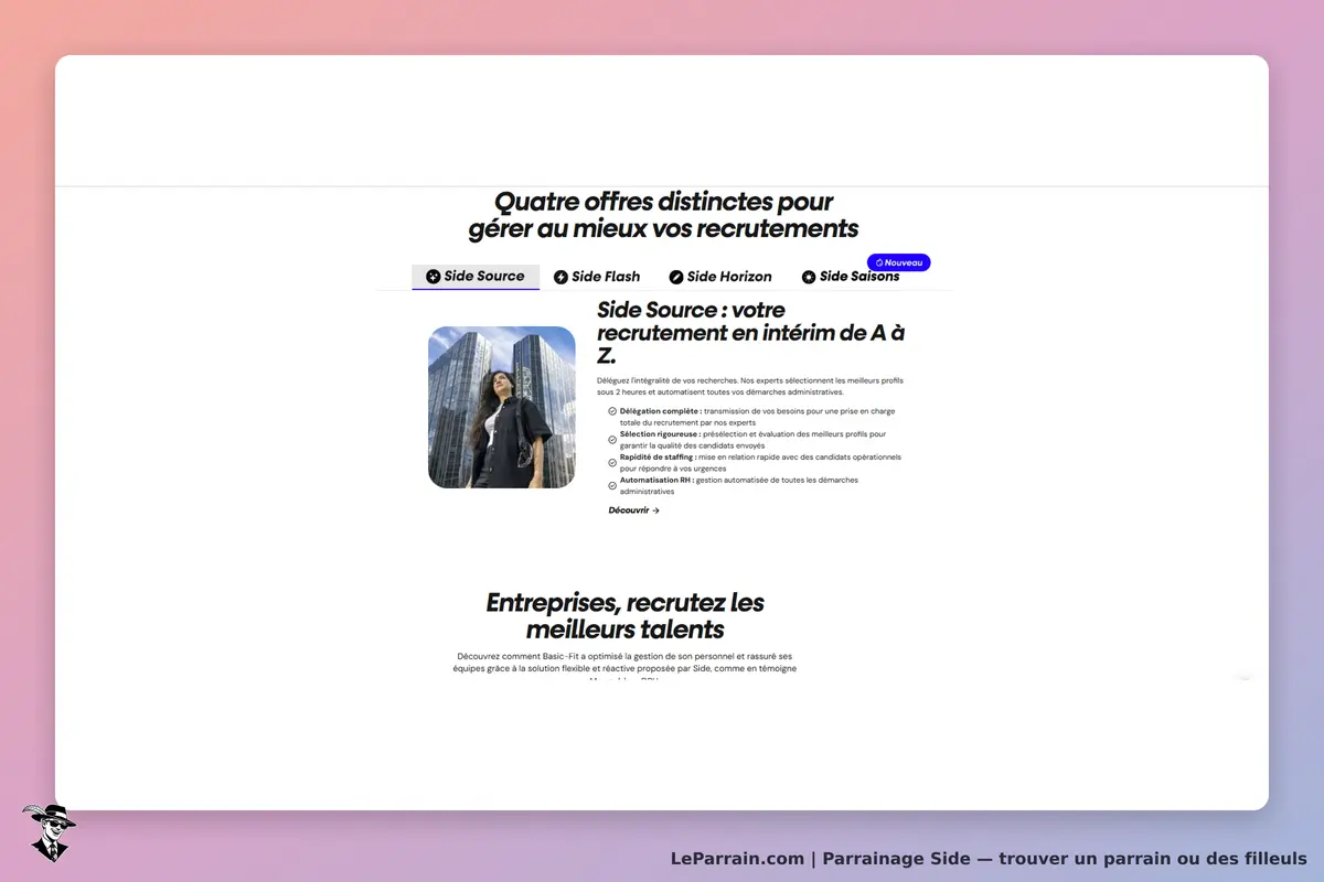 Side : page d'accueil présentant quatre offres de recrutement avec une image et des descriptions