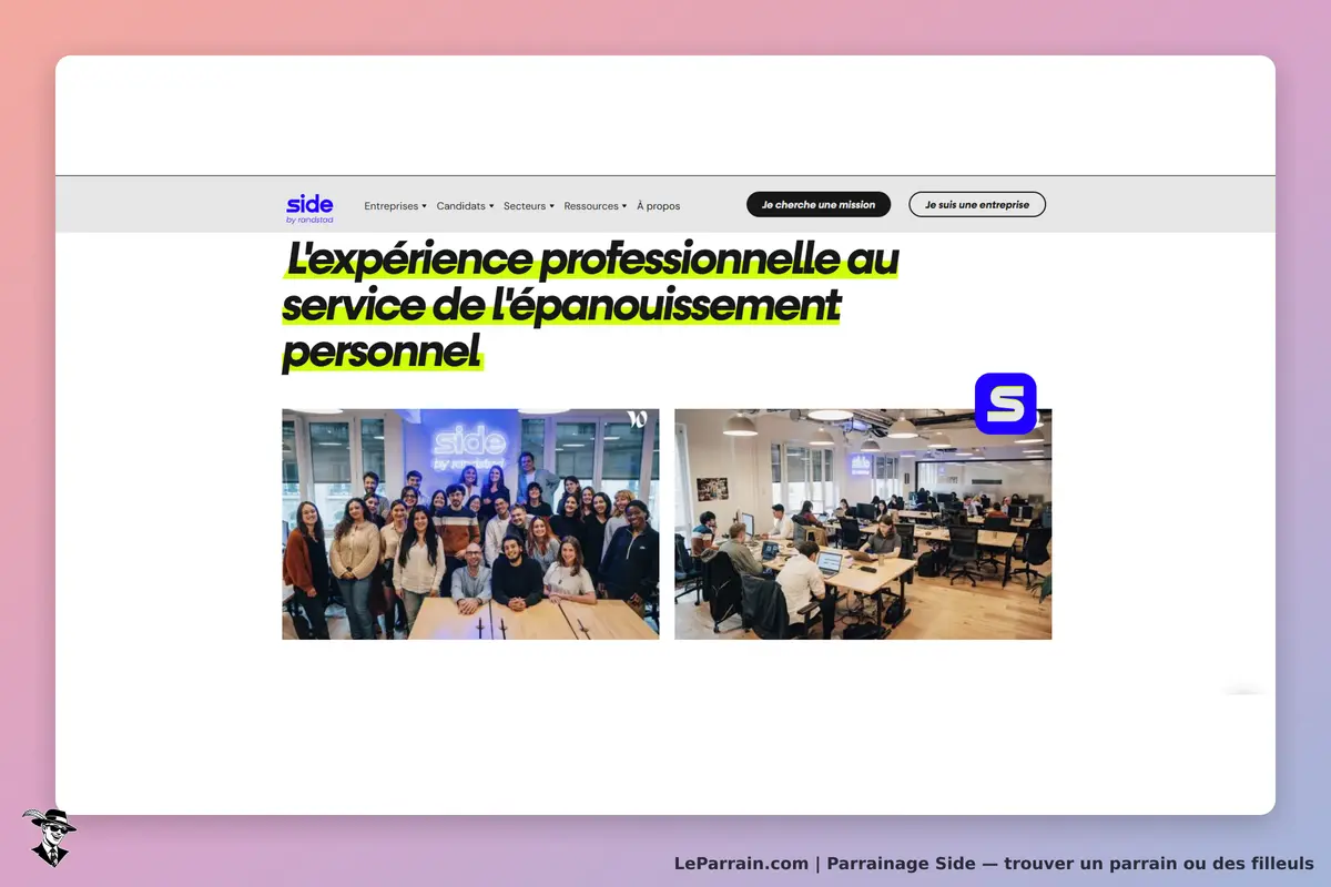 Side : page d'accueil avec un slogan et des images d'équipe et de bureaux