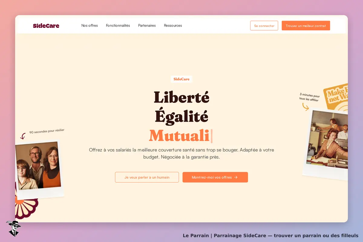 SideCare : page d'accueil avec slogan et images de personnes souriantes. Boutons de contact
