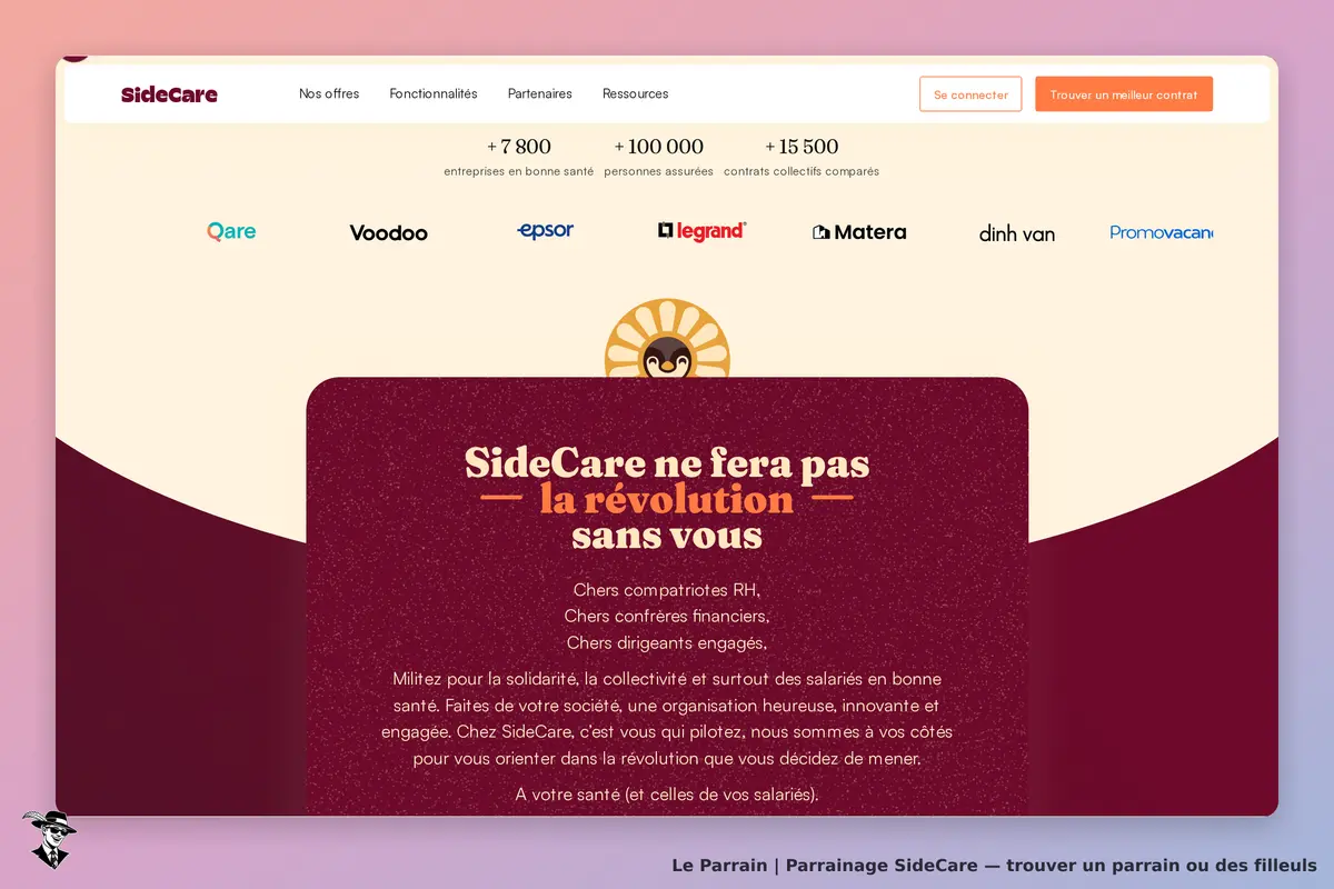 SideCare : page d'accueil avec un message sur l'engagement pour la santé des salariés