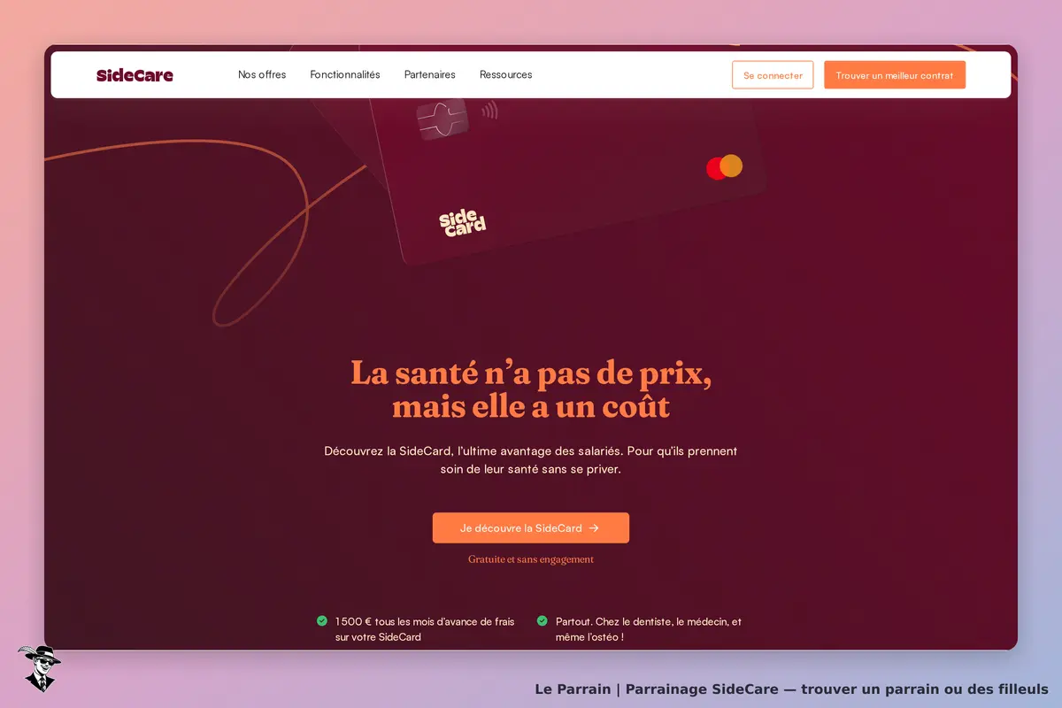 SideCare : page d'accueil avec un message sur la santé et la SideCard, bouton d'inscription visible