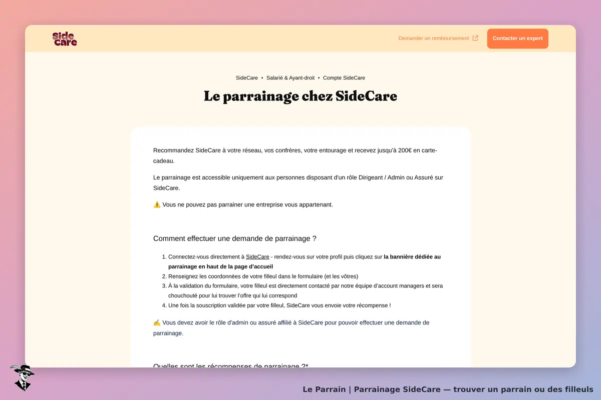 SideCare : page d'accueil sur le parrainage avec instructions et avertissements visibles