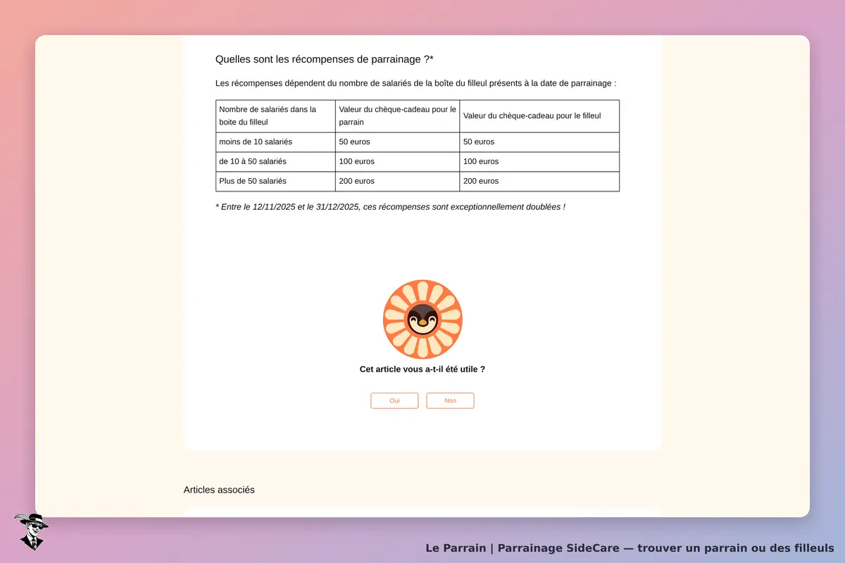 SideCare : tableau des récompenses de parrainage et évaluation de l'article par l'utilisateur