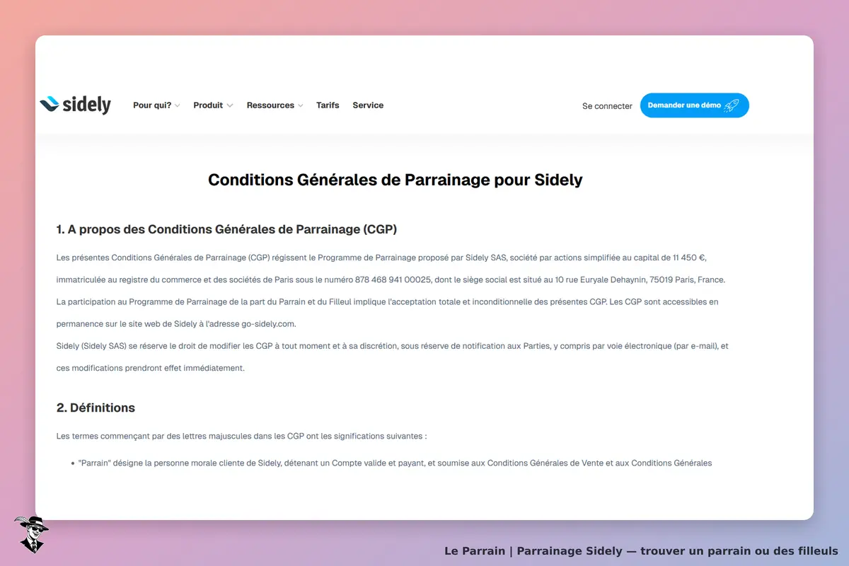 Sidely : conditions générales de parrainage affichées sur la page d'accueil du site