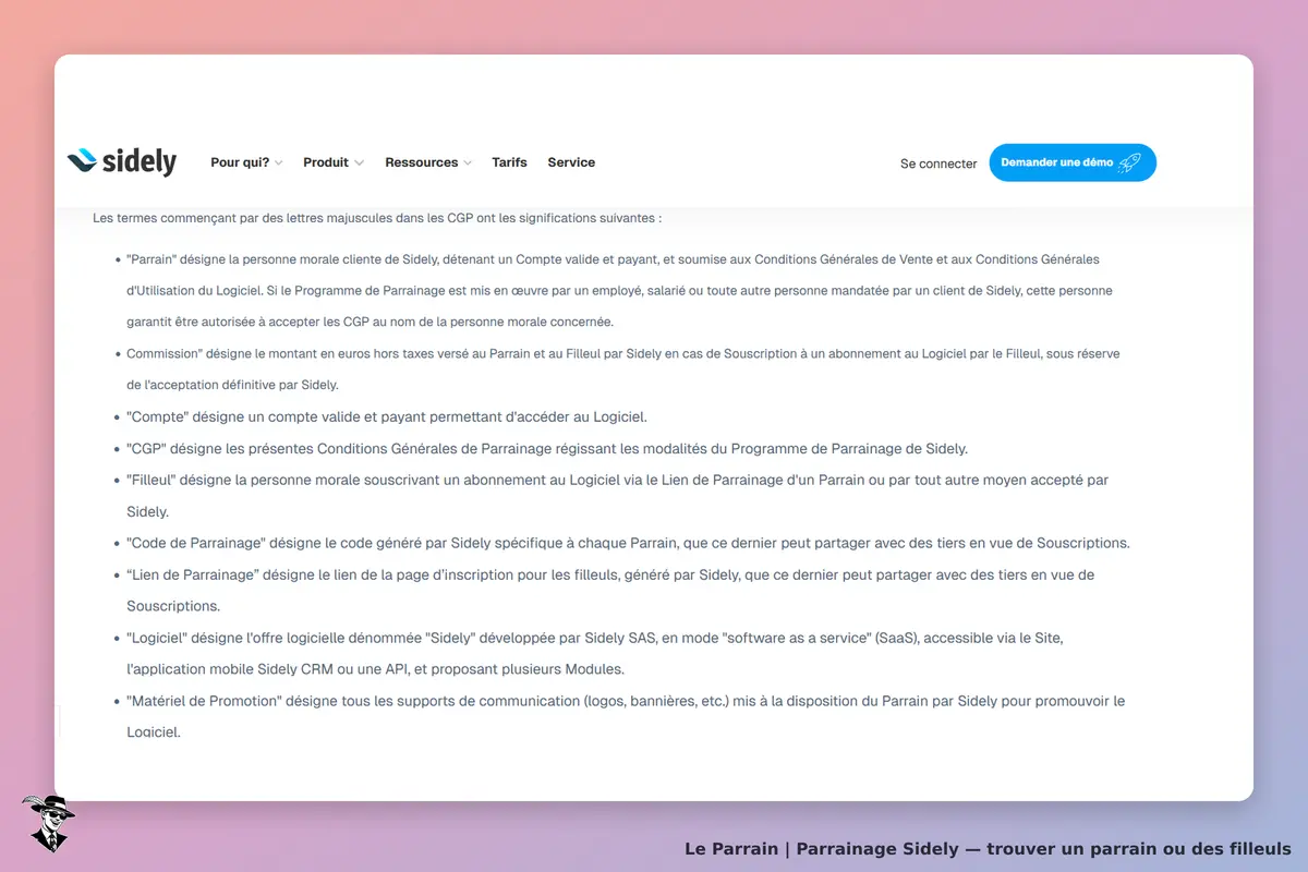 Sidely : texte explicatif sur les conditions générales de parrainage et fonctionnalités du logiciel