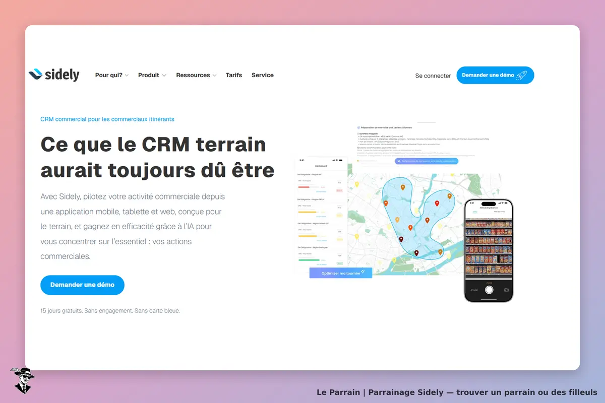 Sidely : page d'accueil présentant un CRM avec une carte et un aperçu d'application mobile