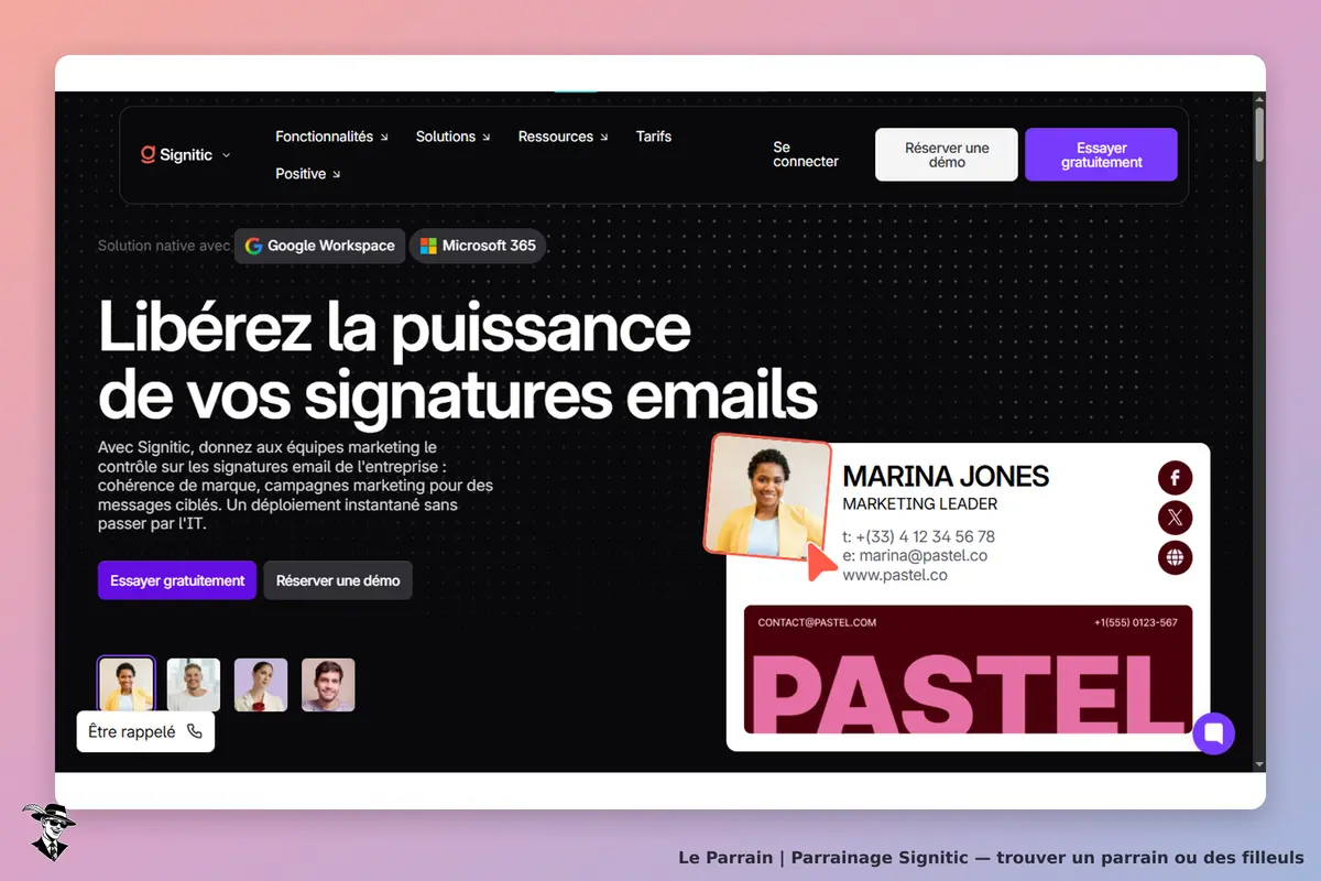 Signitic : page d'accueil présentant le service de gestion de signatures email avec un exemple