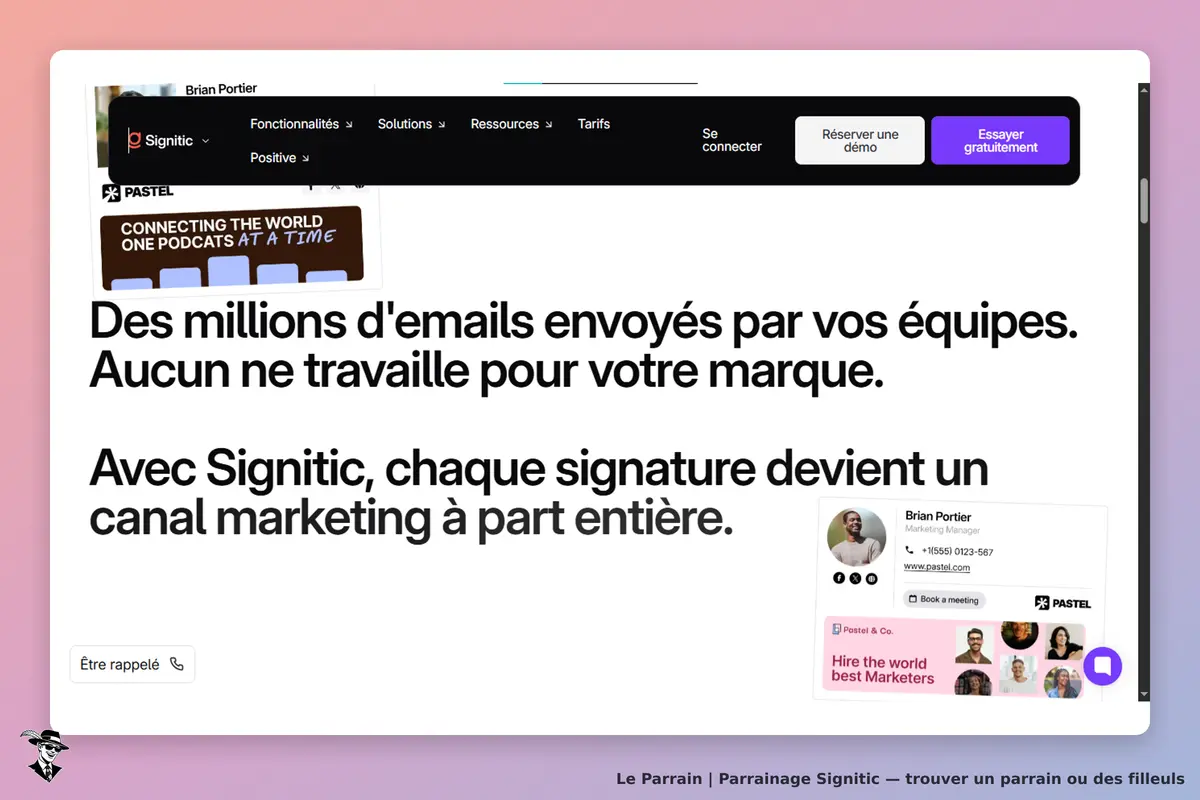 Signitic : page d'accueil présentant des emails, une signature et un appel à l'action