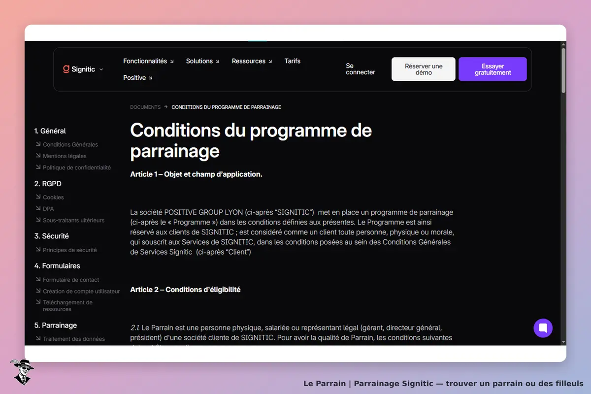 Signitic : conditions du programme de parrainage avec articles et sections visibles sur la page